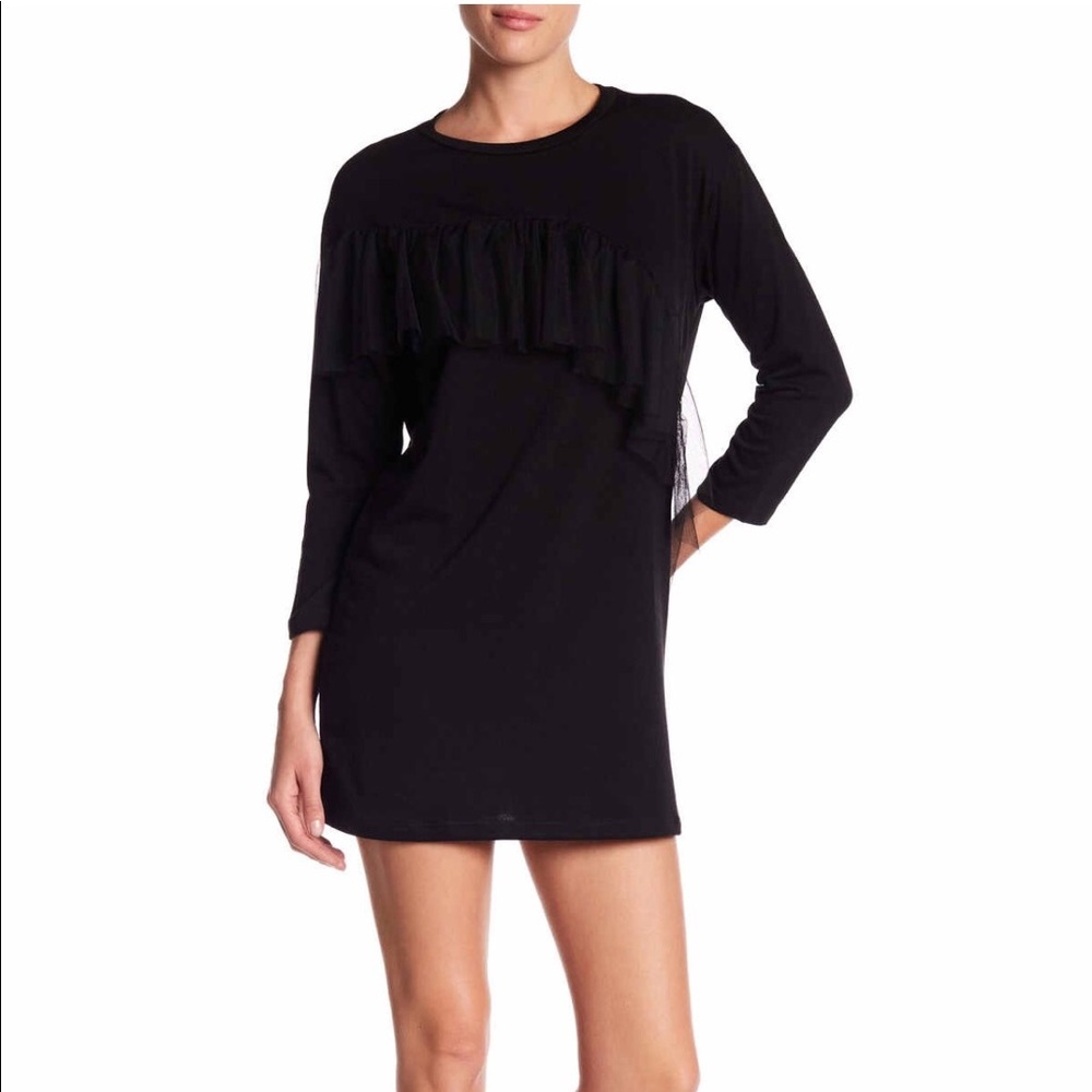 EVERLY LONG SLEEVE MESH RUFFLE MINI DRESS, BLACK SIZE M (NWT)‎